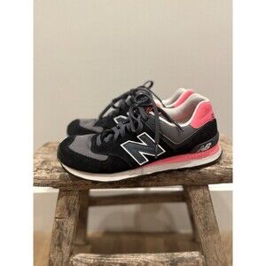 New Balance 574 Black Gray Neon Pink Suede Mens 9.5 Womens 11 VGUC Sneaker Encap